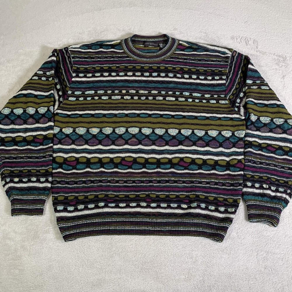 Jhane Barnes Sweater Small Purple‎ Green Hip Hip Biggie Abstract Cosby 90s Coogi